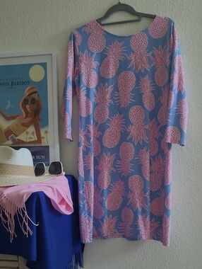 AnaClare Maui Pineapple Blue Midi Dress with Pink Pineapple Print Size Large
